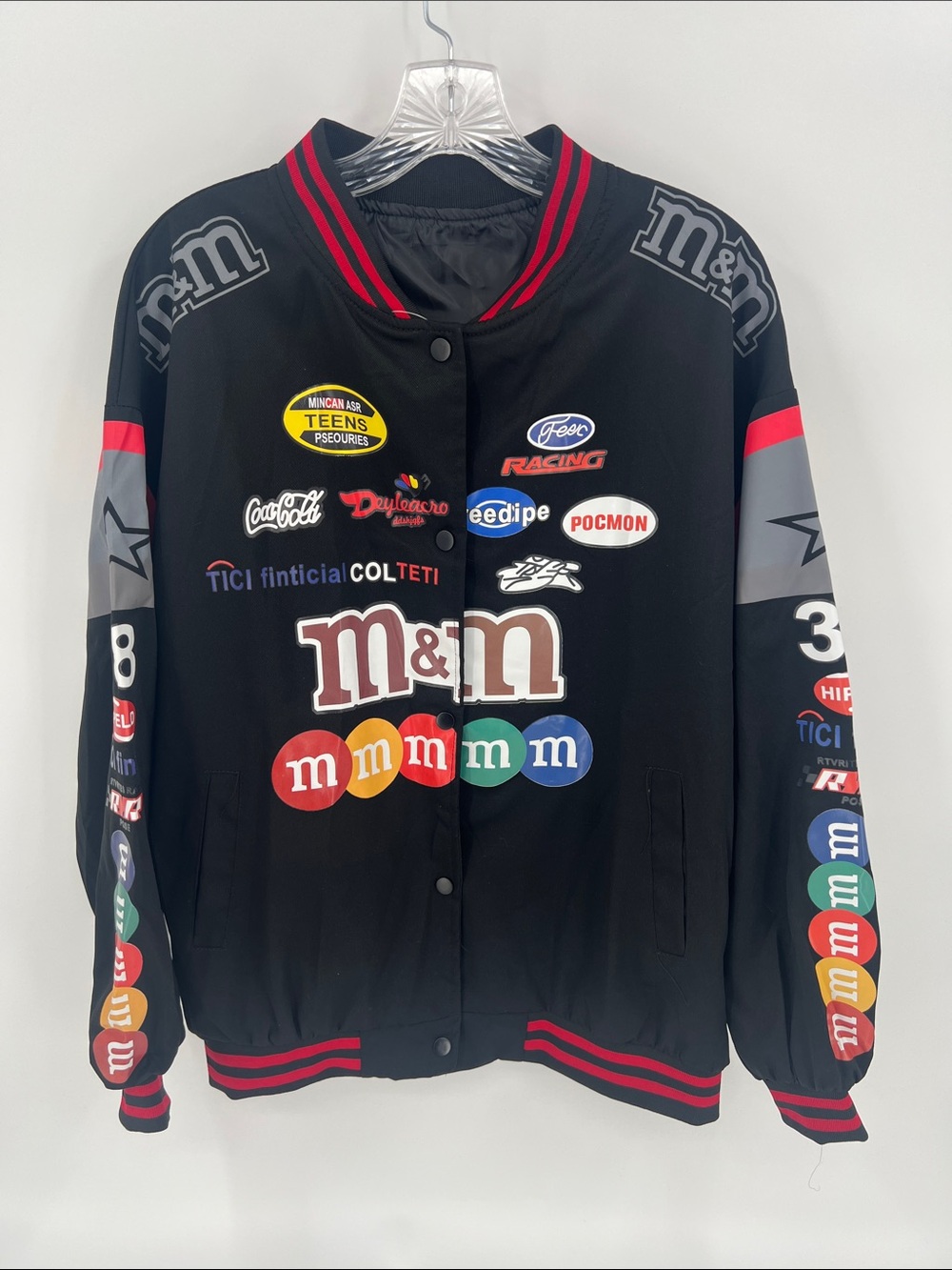 M&M'S Black Racing Logo Patch Bomber Jacket with Multicolor M's